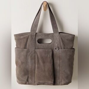 Free People Green Suede Caravan Tote with Fuzzy Bear Bag Charm